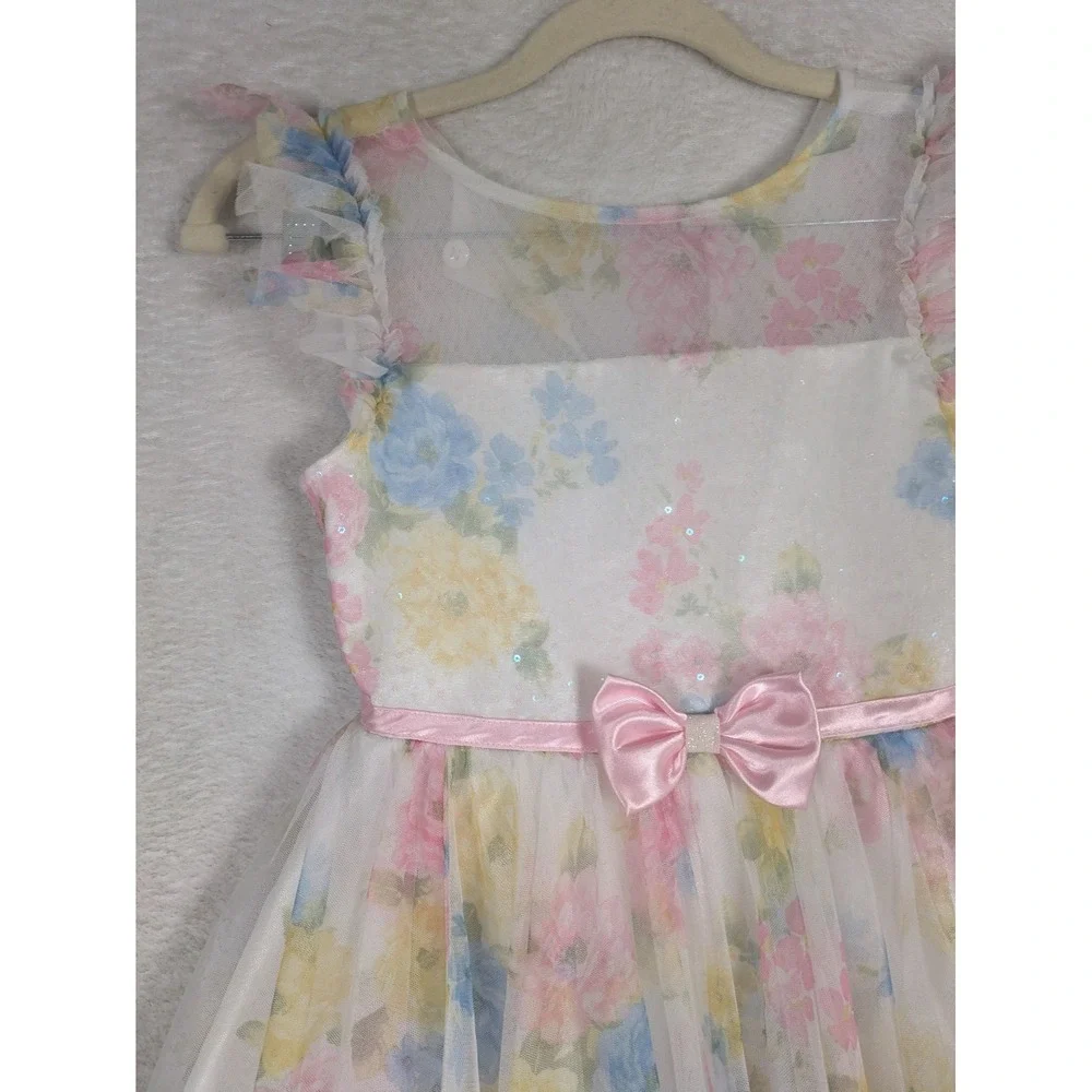 Jona Michelle Party Dress Girl's Size 7 White Floral Sequin Tiered Tulle Bow